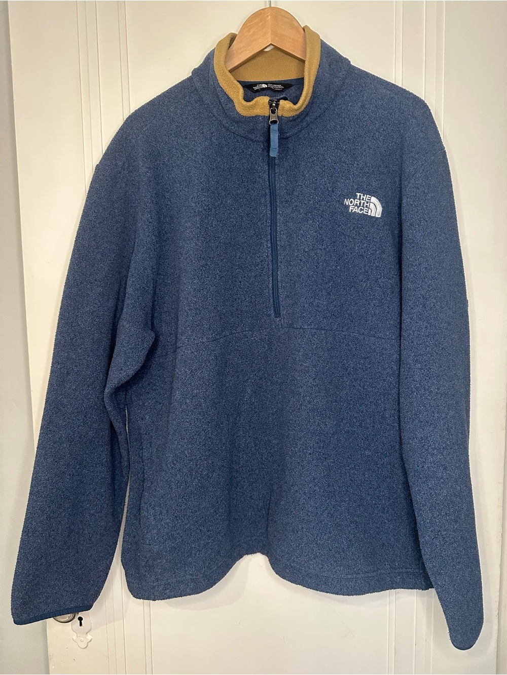 The North Face Men’s Blue Zip-Up Fleece with Tan Collar Trim